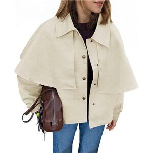 Women Cropped Trench Coat Casual Lapel Single Breasted Cape Sleeve Short Jacket
